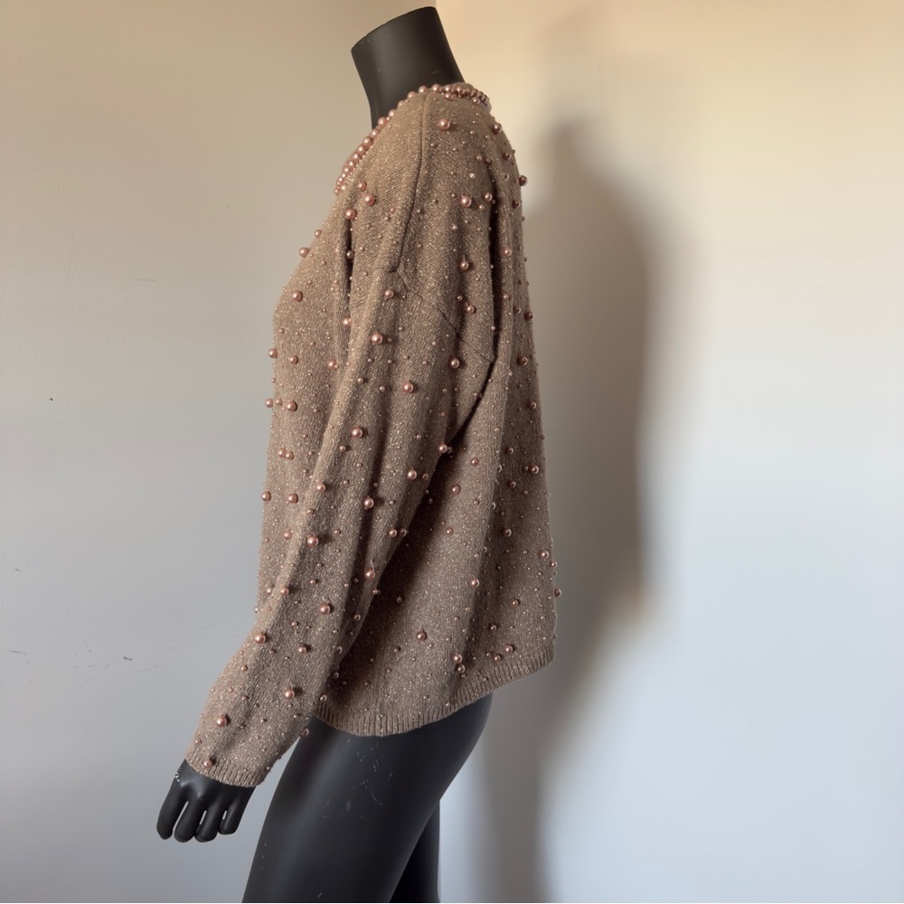 102. VTG Silk / Rabbit hair Elegant Pearl-Embellished Brown Sweater - Picture 4 of 8